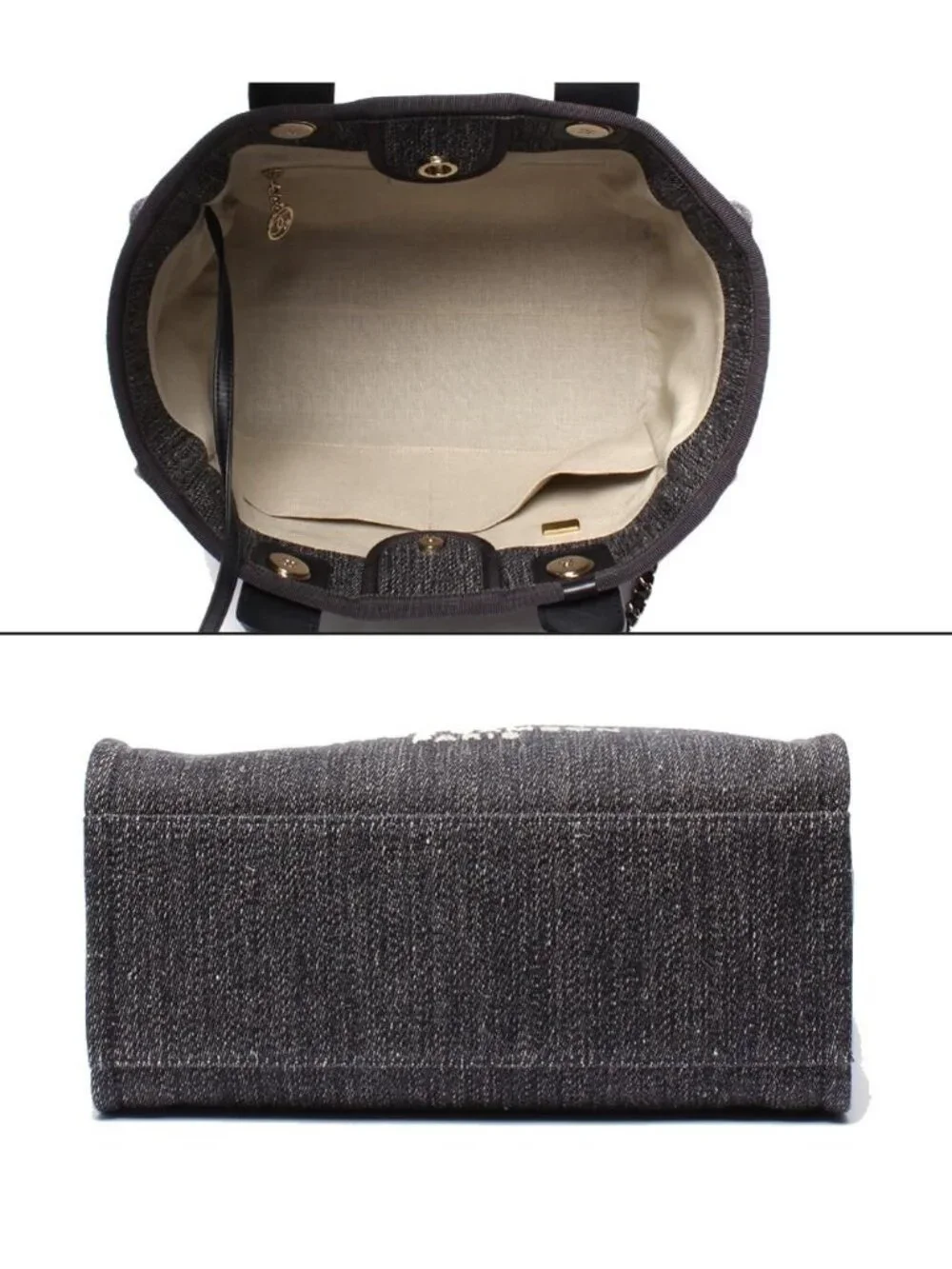 Chanel Chain Shoulder Bag Handle Denim Gold Deauville MM